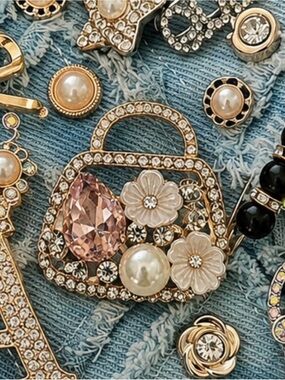 Handbag Purse Brooch Pink Gemstone Pearl Rhinestone Gold Tone Pin
